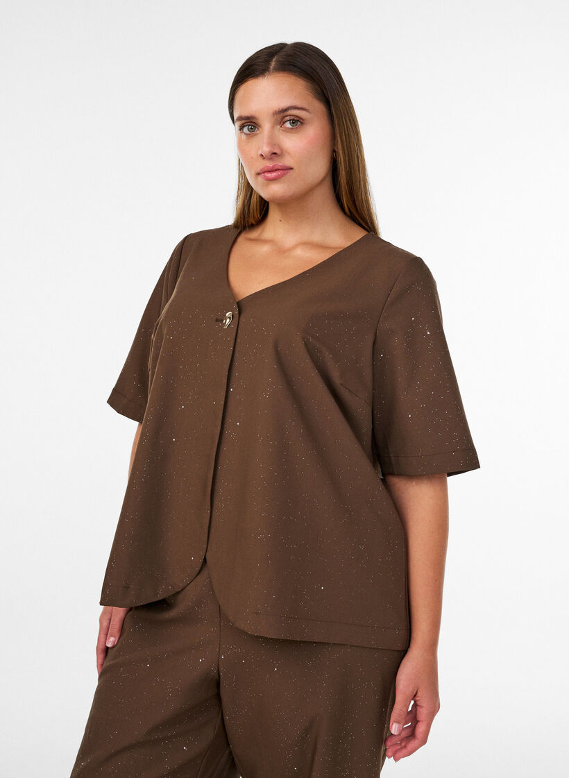 Blouse avec paillettes et col en V, Marron, Model image number 0