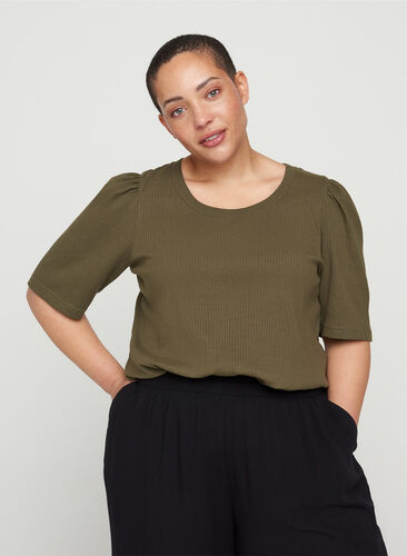 T-shirt côtelé à manches courtes bouffantes, Ivy Green, Model image number 0