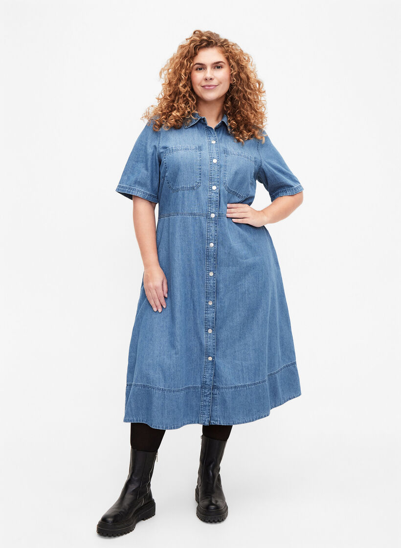Robe chemise en denim &agrave; manches courtes, Bleu Clair, Model image number 1