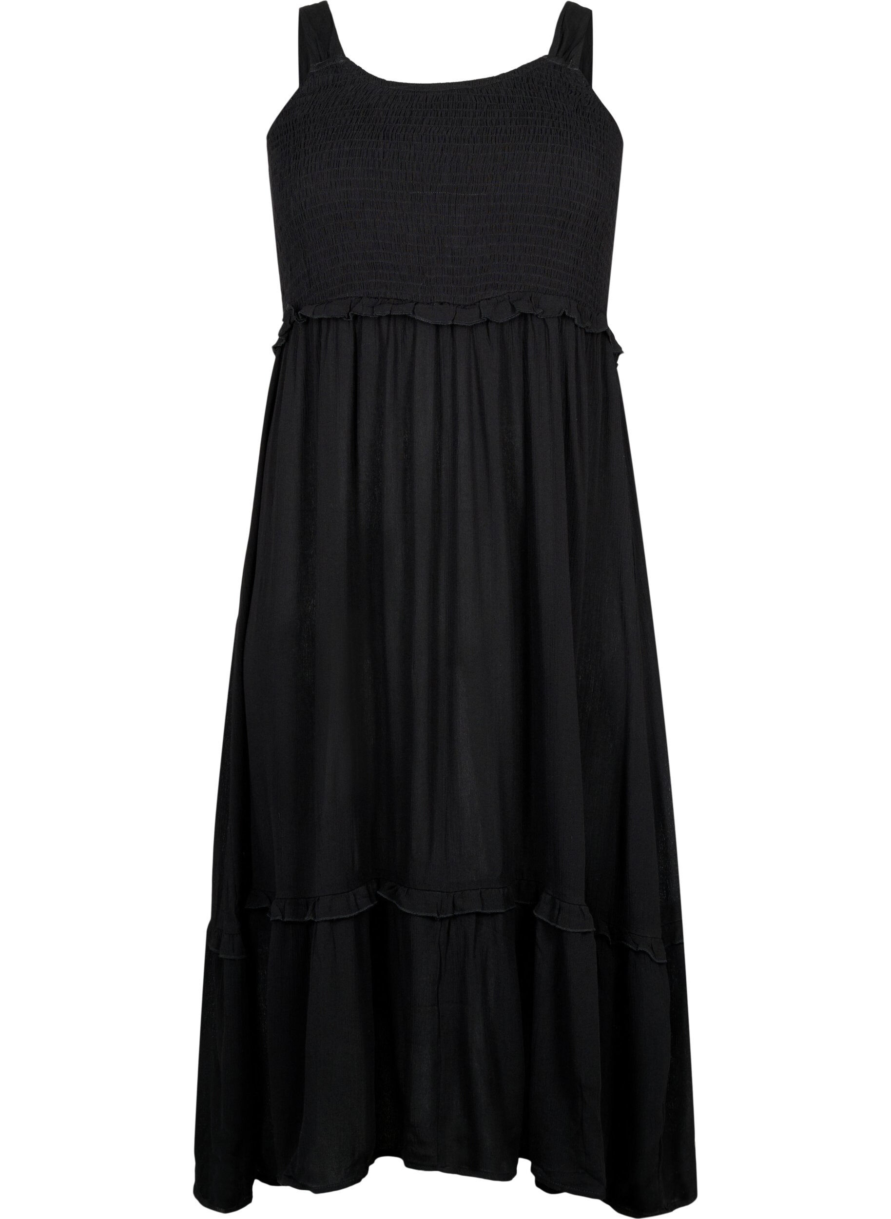 Zizzi Robe midi en viscose avec smock, Black, Packshot image number 0