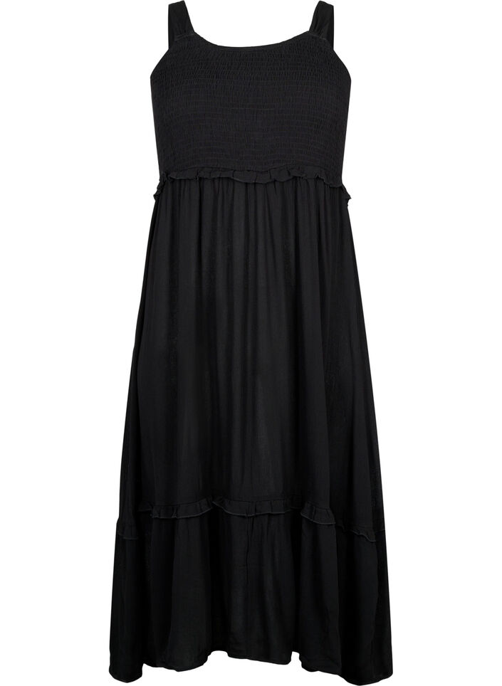 Robe midi en viscose avec smock, Black, Packshot image number 0