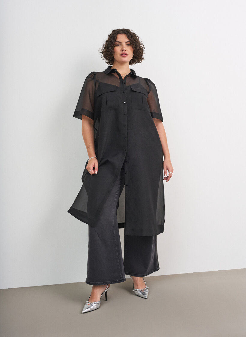 Robe en organza avec poches poitrine et manches bouffantes, Noir, Model image number 1