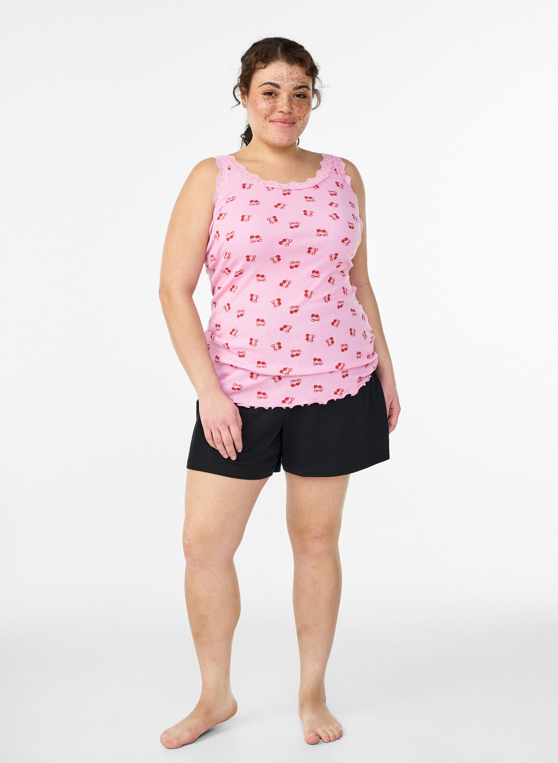 Zizzi Top avec imprim&eacute; et bord en dentelle, Rose, Model image number 1