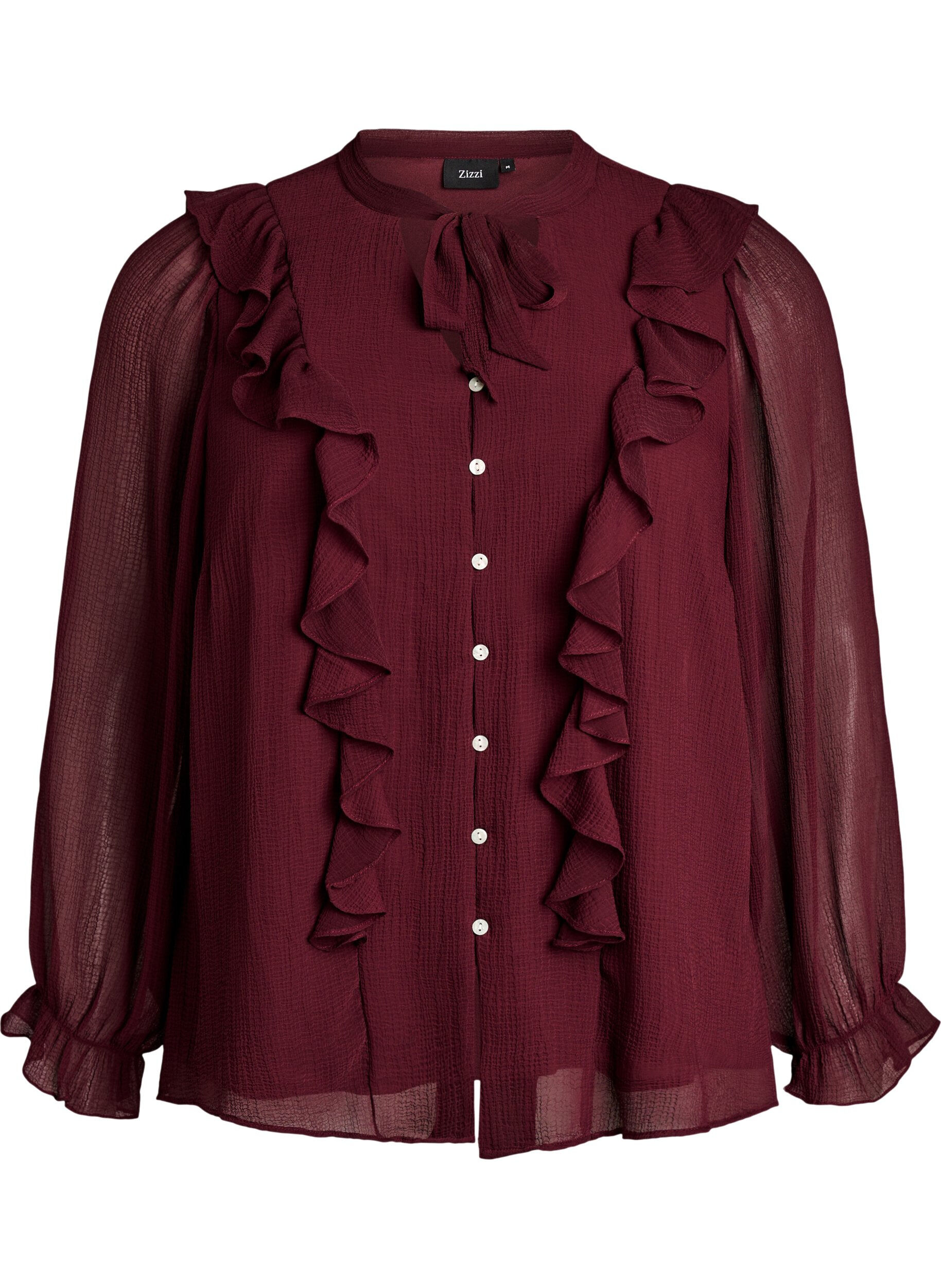 ZizziBlouse transparente avec volants et liens &agrave; nouer, Bordeaux, Packshot image number 0