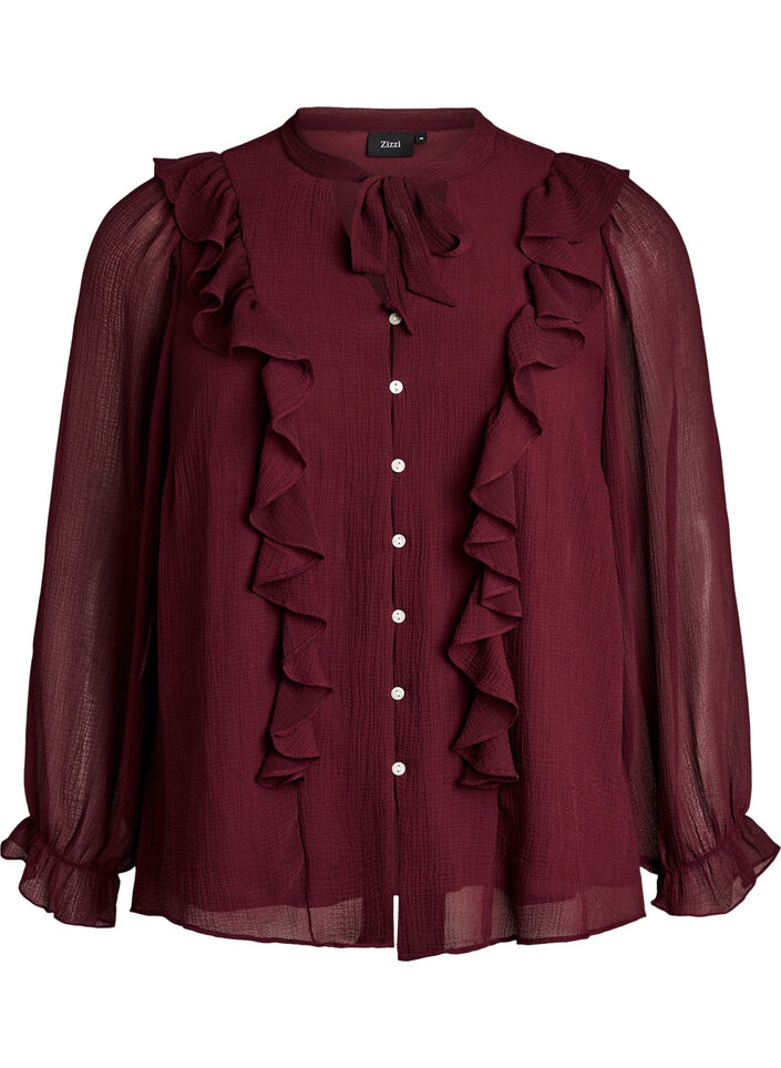Blouse transparente avec volants et liens &agrave; nouer, Bordeaux, Packshot image number 0