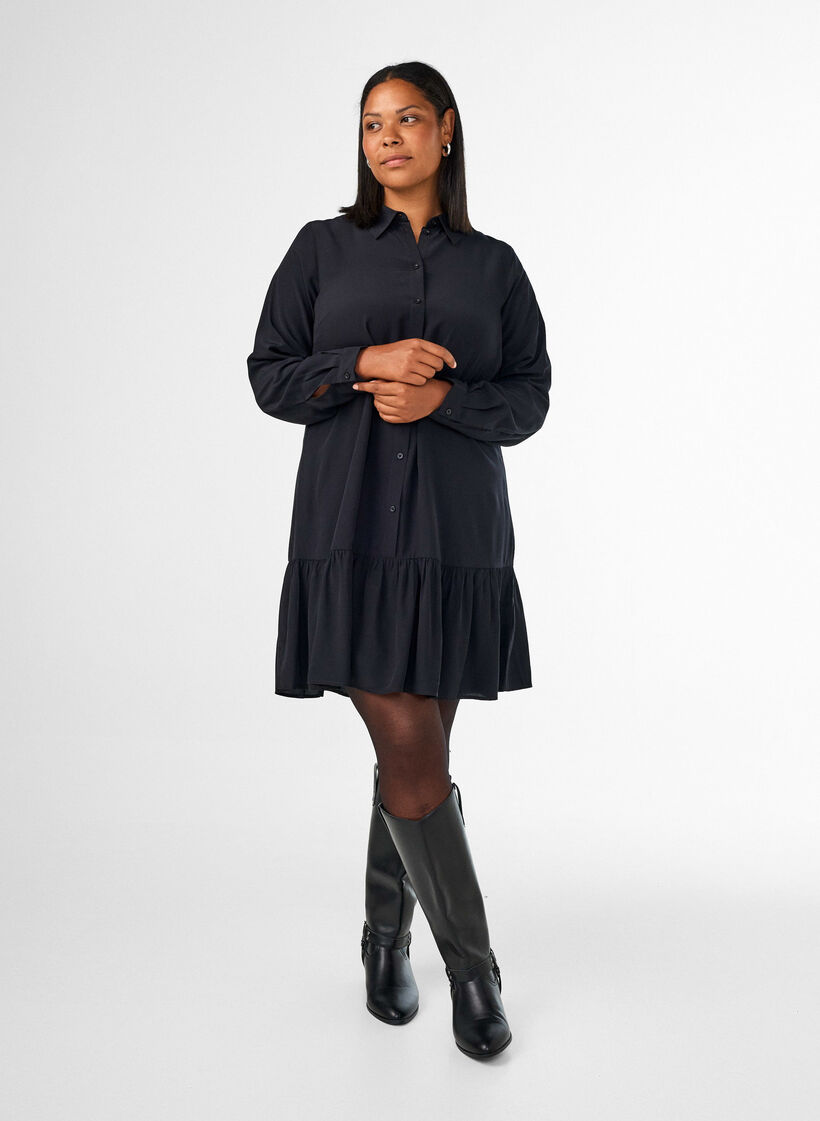 Robe chemise courte avec volants, Noir, Model image number 1