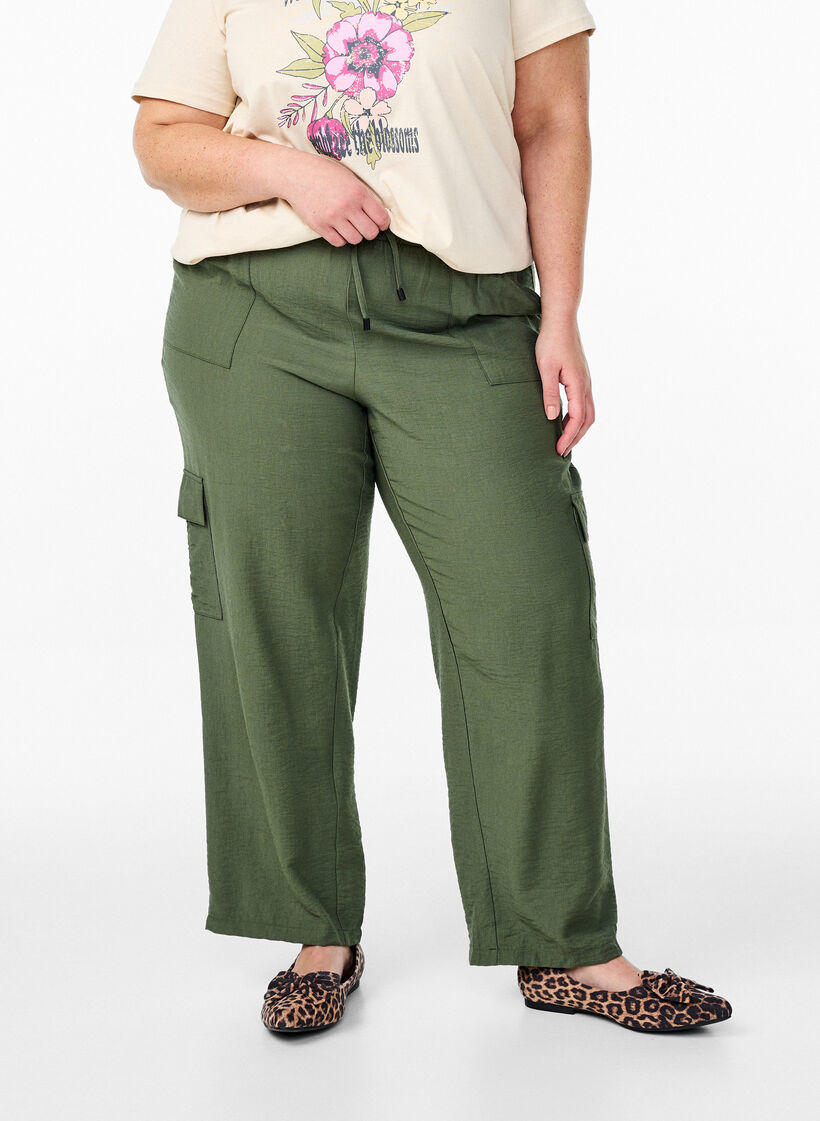 Pantalon cargo taille haute, Vert, Model image number 1