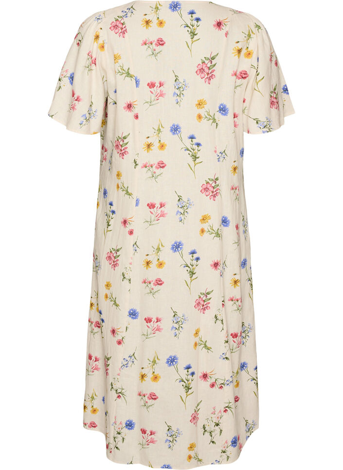 Robe midi en lin et viscose avec manches &agrave; volants, Beige, Packshot image number 1