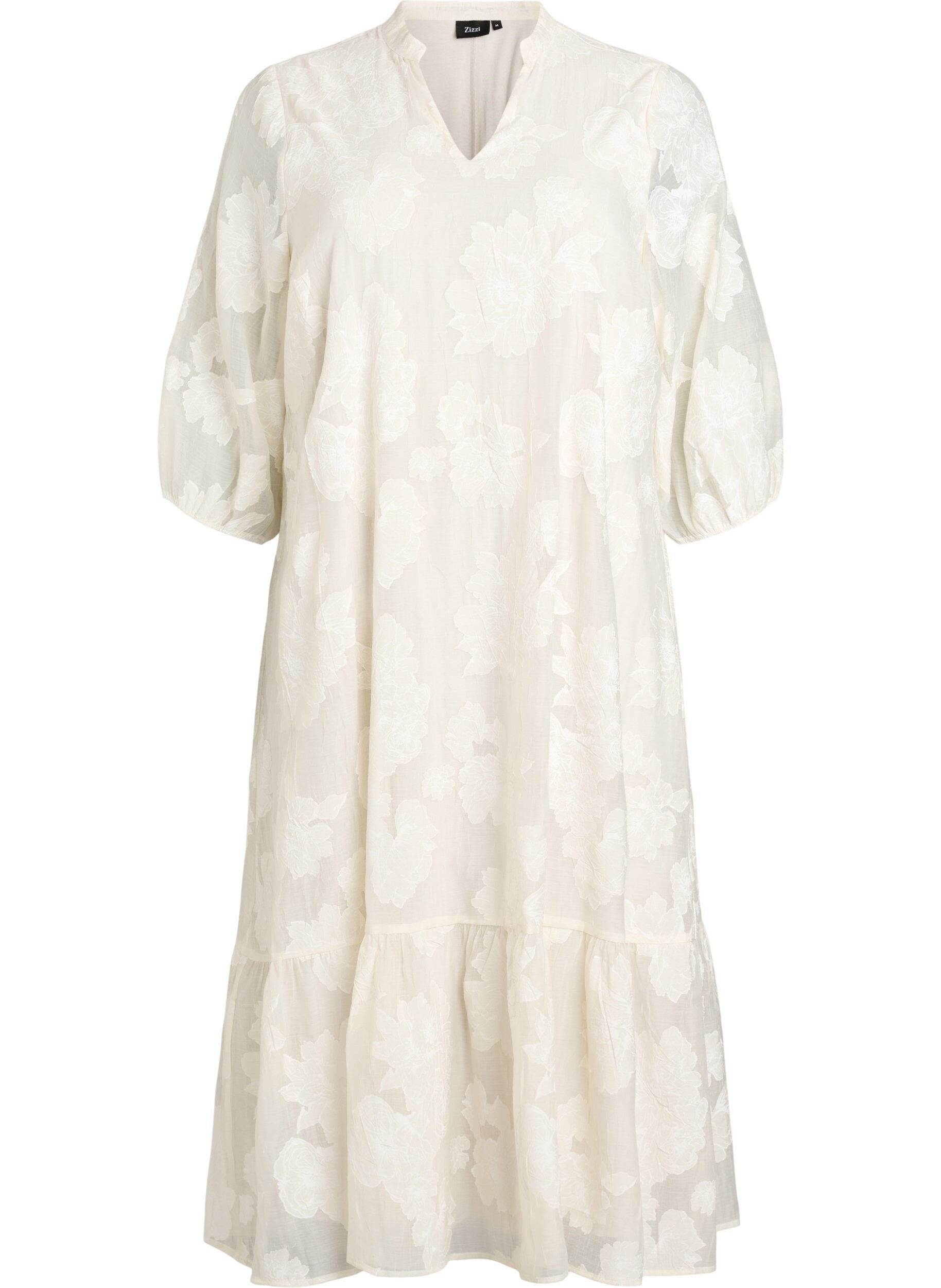 Zizzi Robe midi &agrave; imprim&eacute; floral et manches 3/4 transparentes, Beige, Packshot image number 0