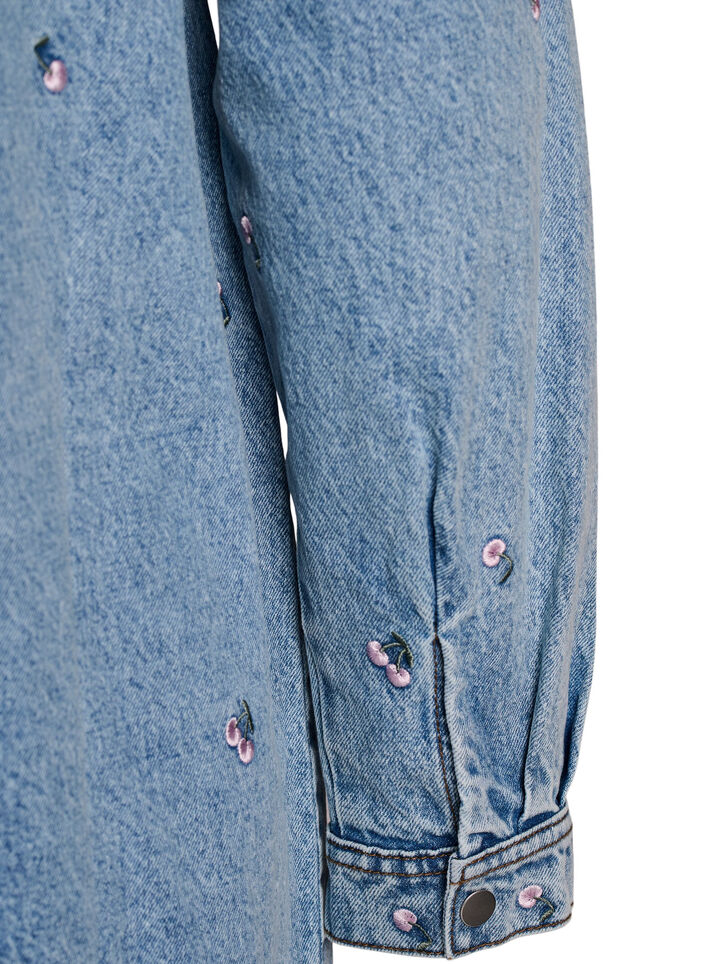 Robe en jean avec imprimé cerises et poches poitrine, Bleu Clair, Packshot image number 3