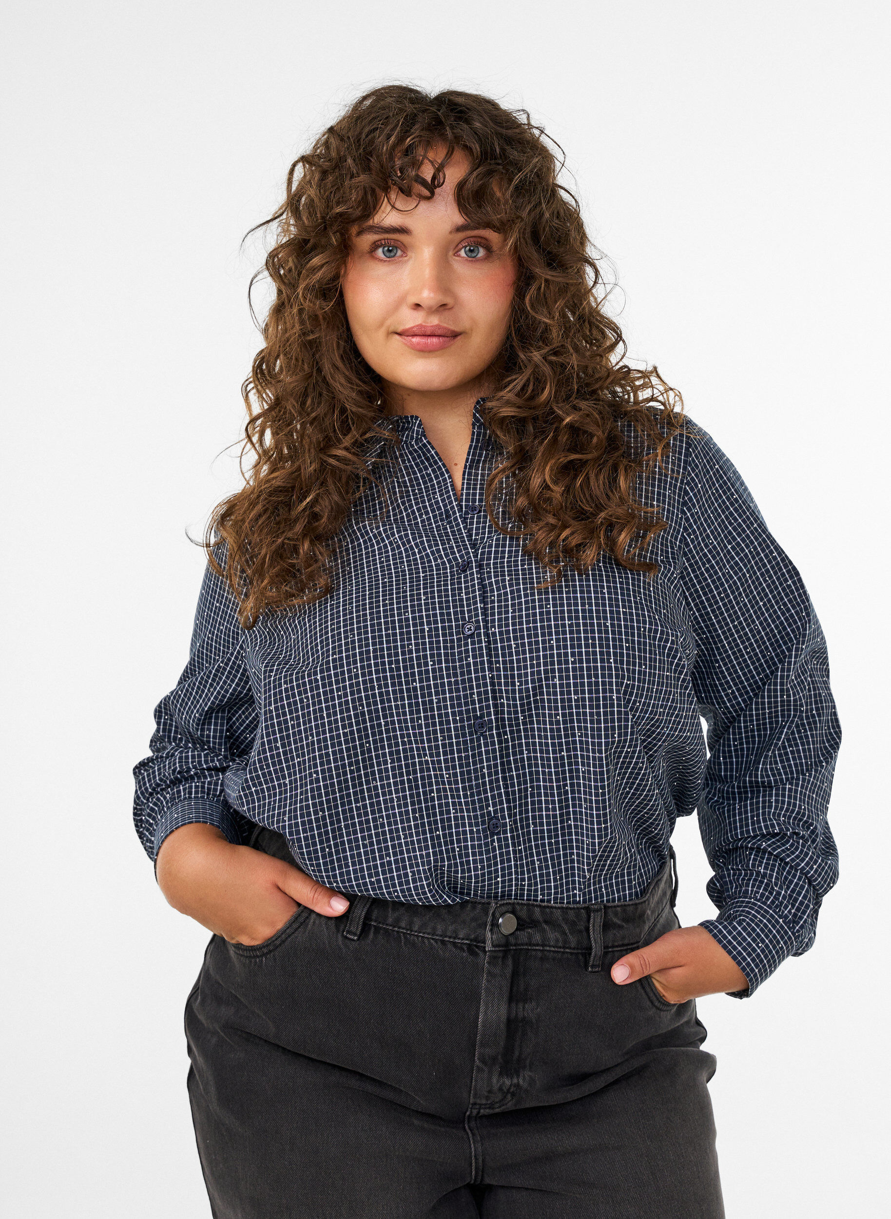 Chemise &agrave; carreaux avec strass, Bleu, Model