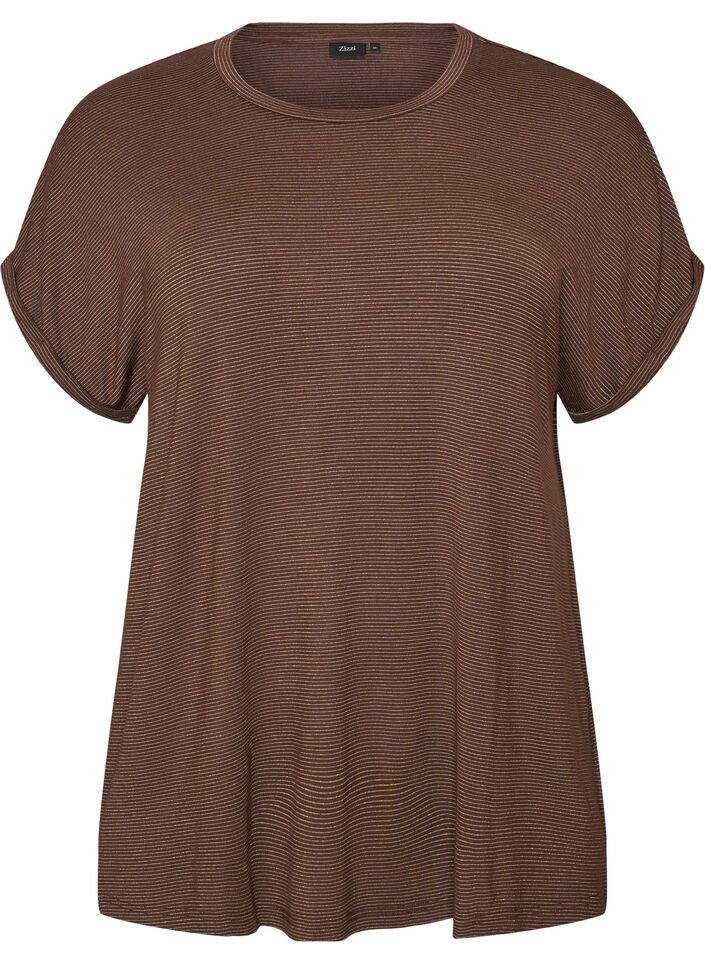 T-shirt en viscose &agrave; rayures paillet&eacute;es, Marron, Packshot image number 0