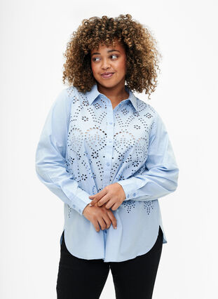 Chemise en coton avec broderie anglaise, Chambray Blue, Model image number 0
