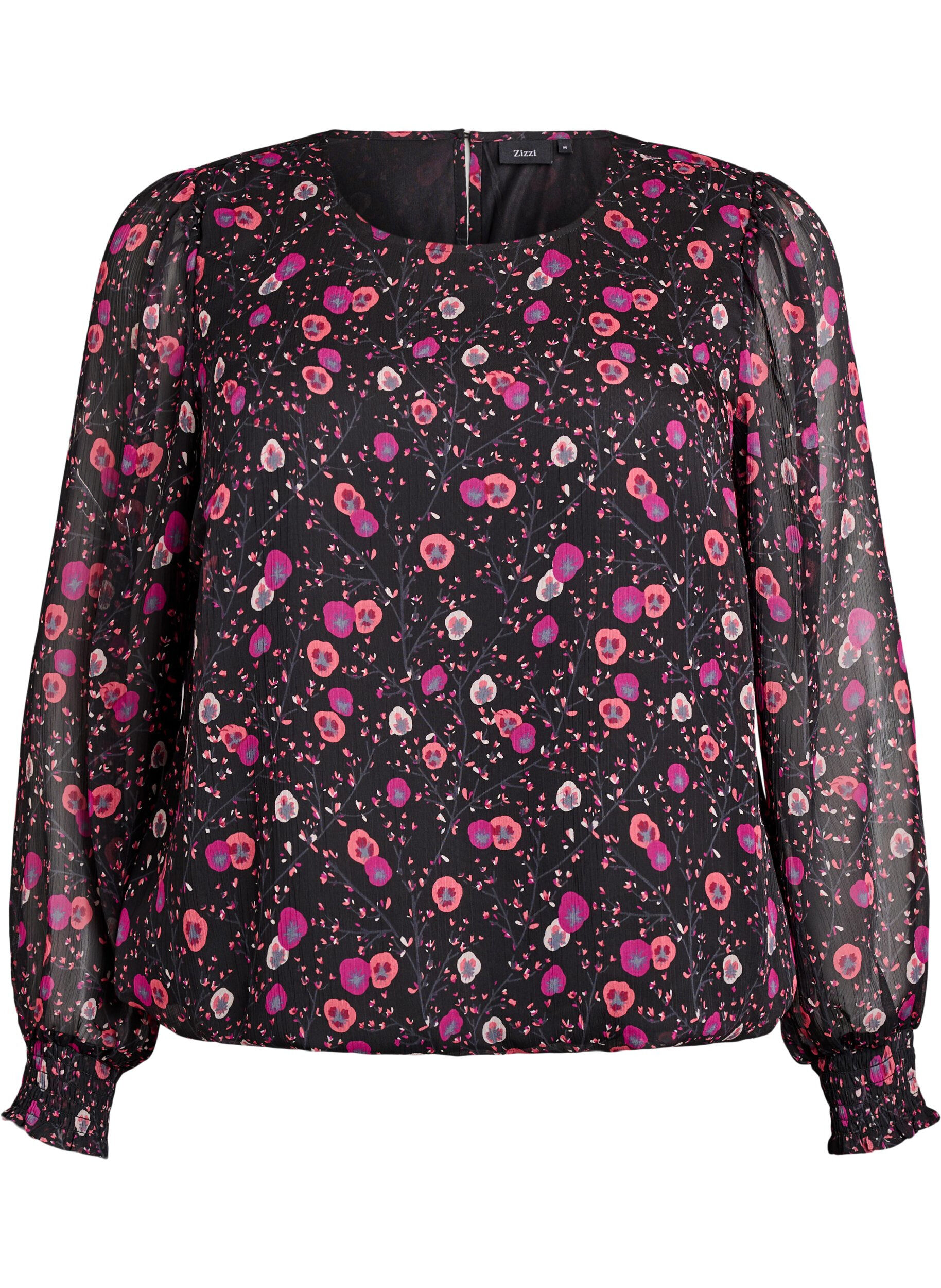 Blouse fleurie en mousseline &agrave; manches transparentes