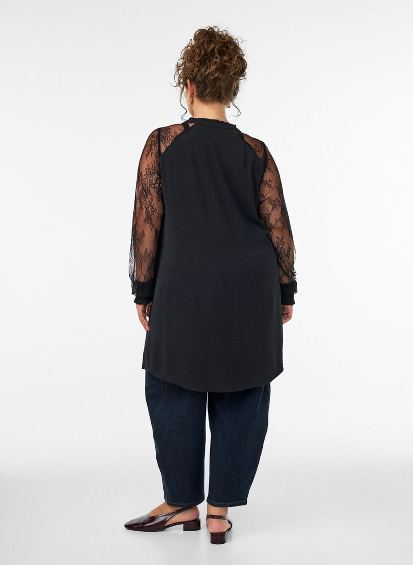 Tunique avec manches en dentelle transparente, Noir, Model image number 2