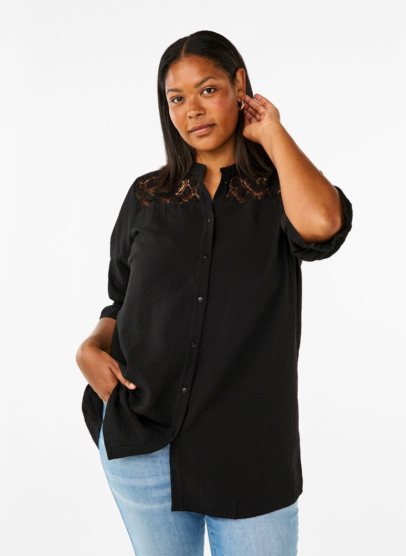 Chemise longue en viscose avec détail en dentelle, Black, Model image number 0