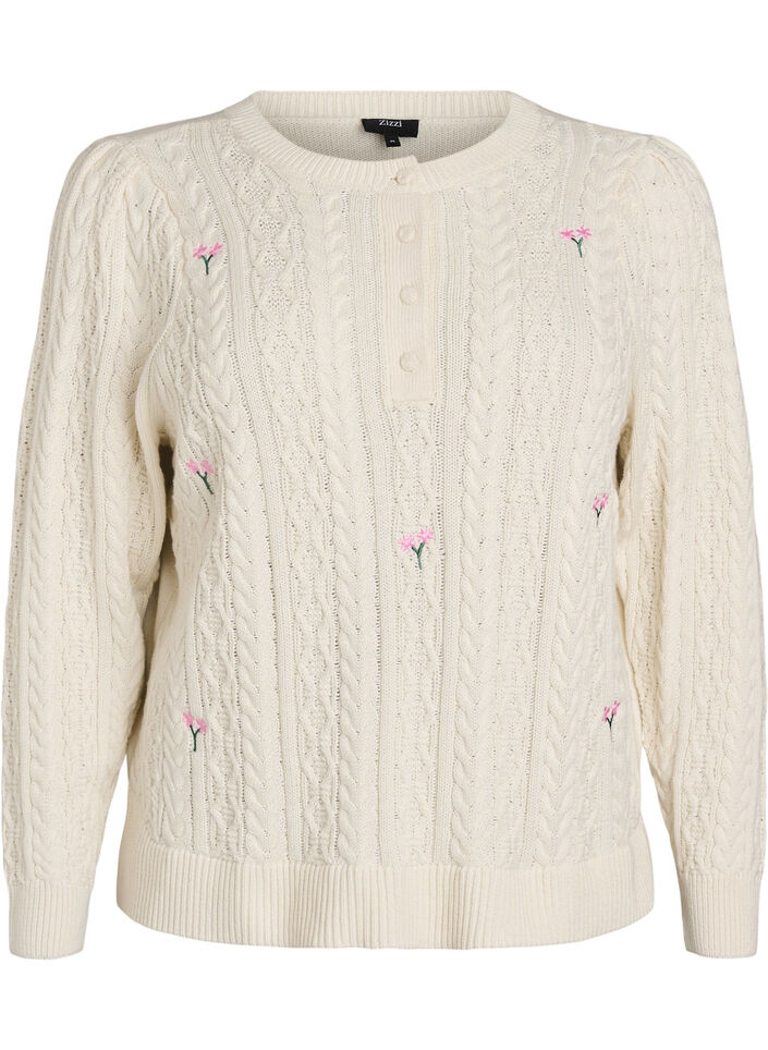 Blouse en maille avec motif torsad&eacute; et fleurs brod&eacute;es, Blanc, Packshot