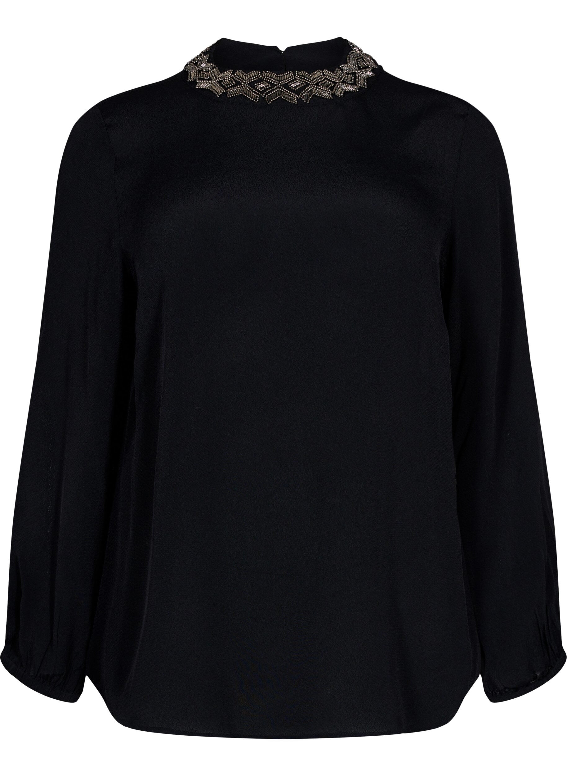 Zizzi Blouse &agrave; manches longues en viscose avec perles, Black, Packshot image number 0