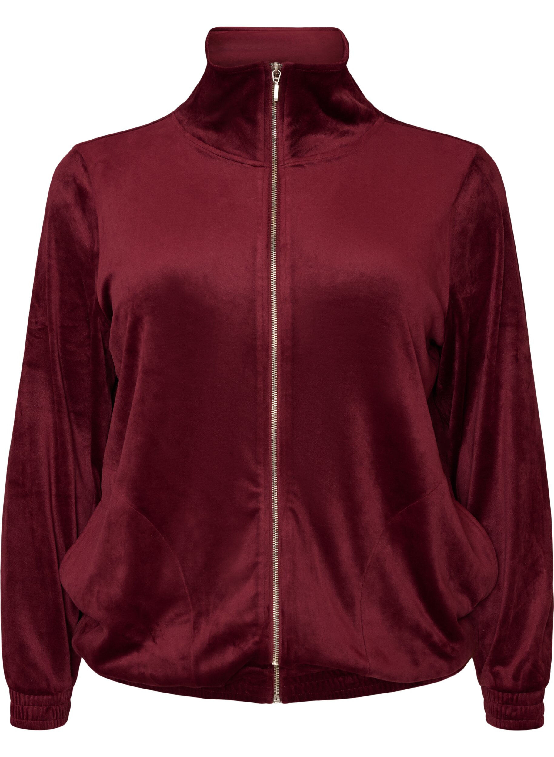 ZizziCardigan en velours doux avec fermeture zipp&eacute;e et col montant, Bordeaux, Packshot image number 0
