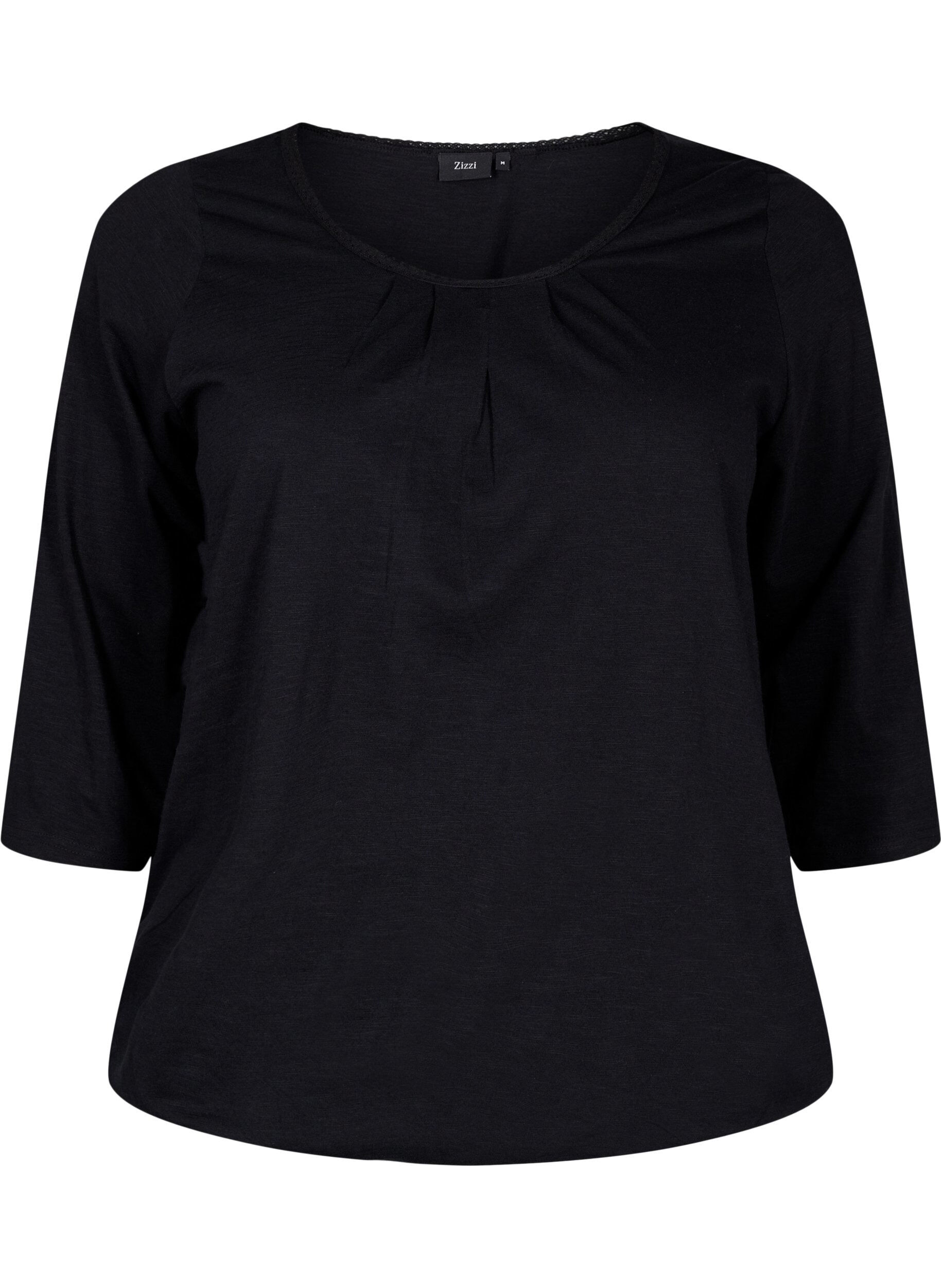 Zizzi Blouse en coton &agrave; manches 3/4, Black, Packshot image number 0