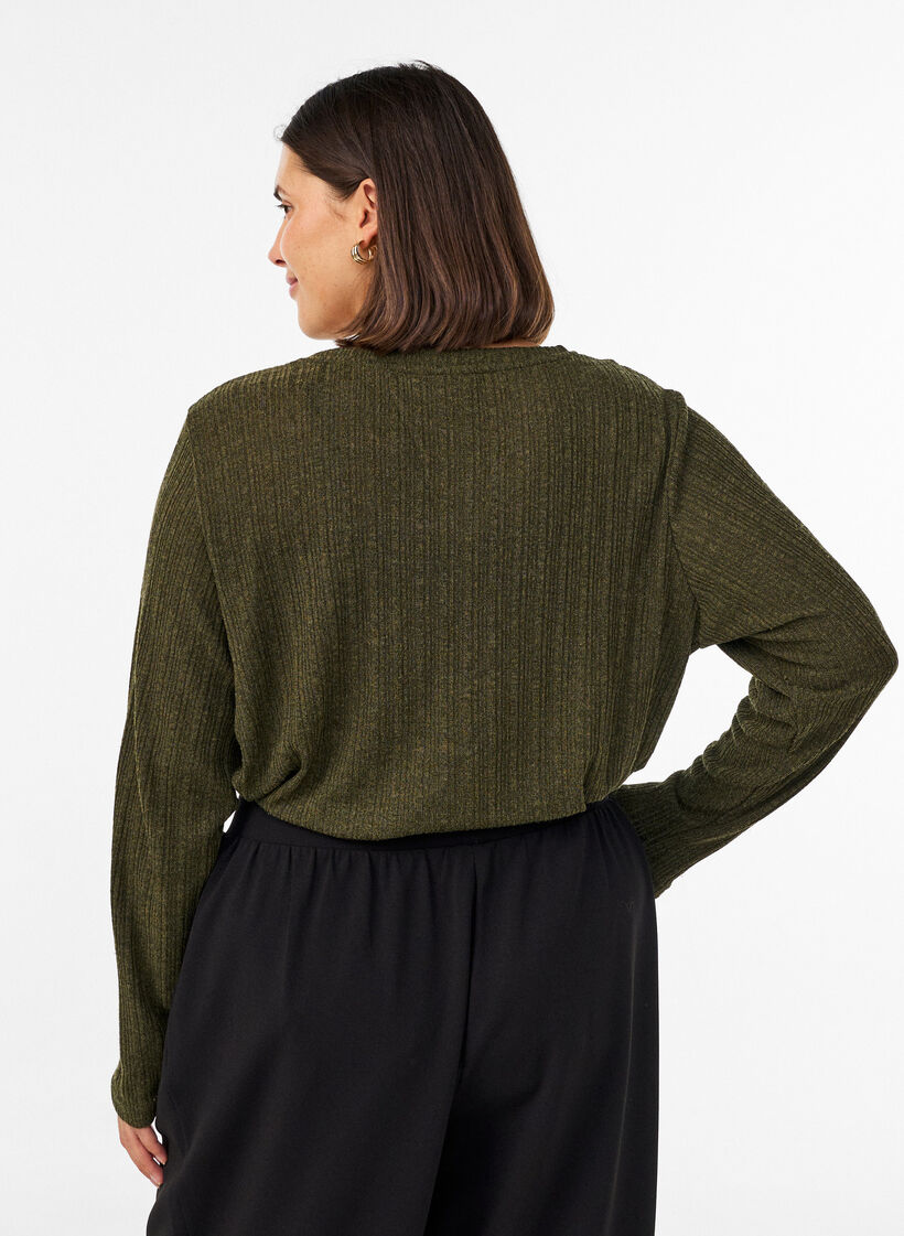 Blouse en jersey avec structure c&ocirc;tel&eacute;e et manches longues, Vert fonc&eacute;, Model image number 2