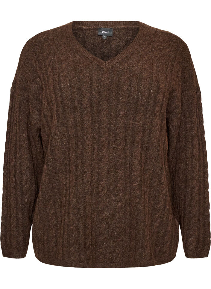 Blouse en maille torsad&eacute;e avec col en V, Marron, Packshot image number 0