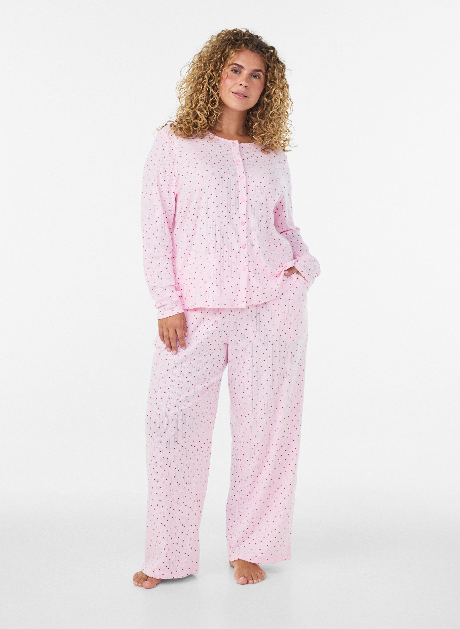 ZizziPantalon de pyjama en coton biologique avec broderie ajour&eacute;e, Rose, Model image number 1