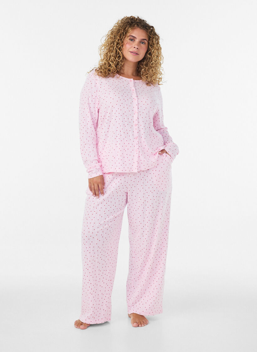 Pantalon de pyjama en coton biologique avec broderie ajour&eacute;e, Rose, Model image number 1