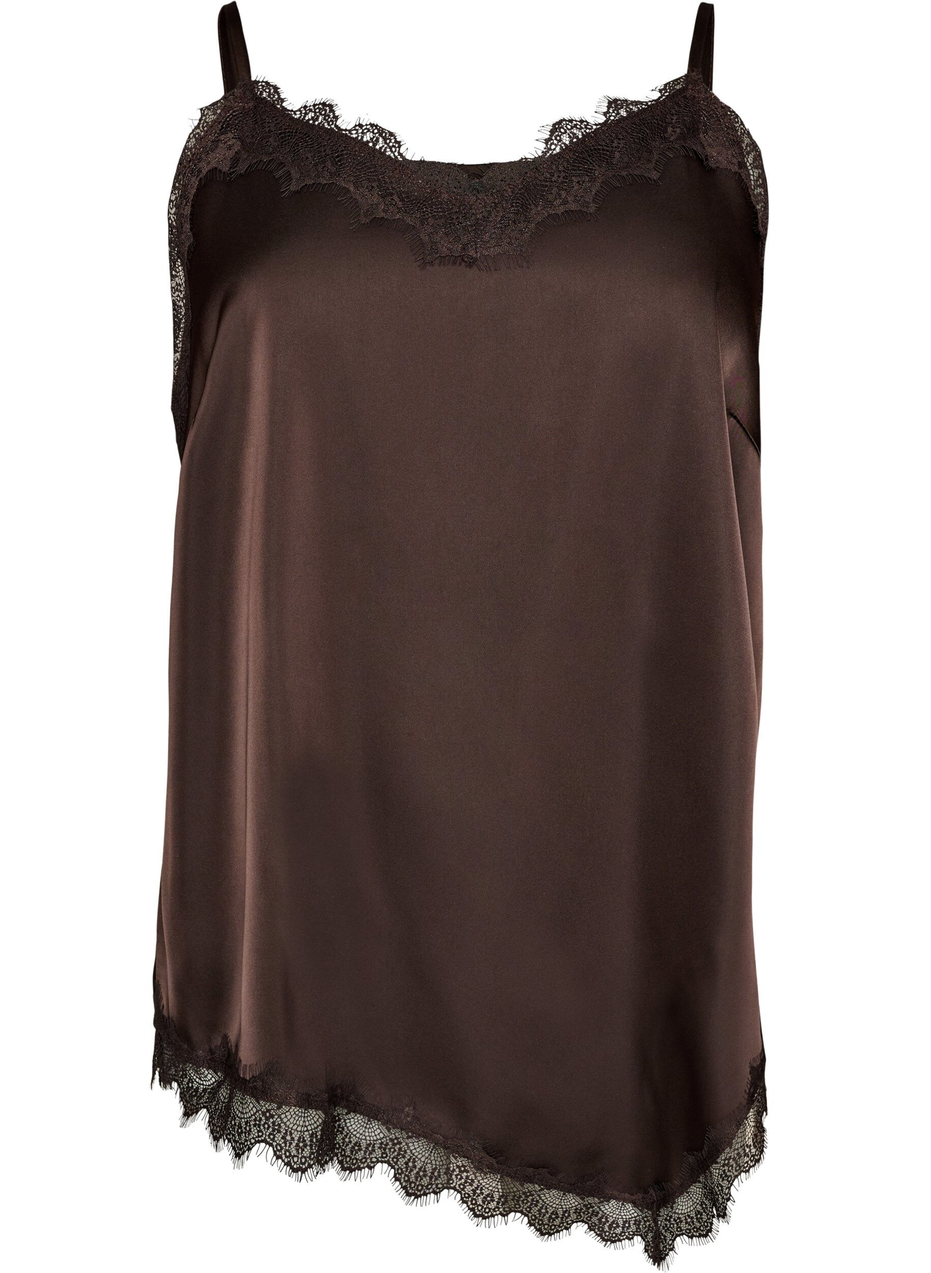 Zizzi Haut en satin avec bordure en dentelle et ourlet asym&eacute;trique, Marron, Packshot image number 0