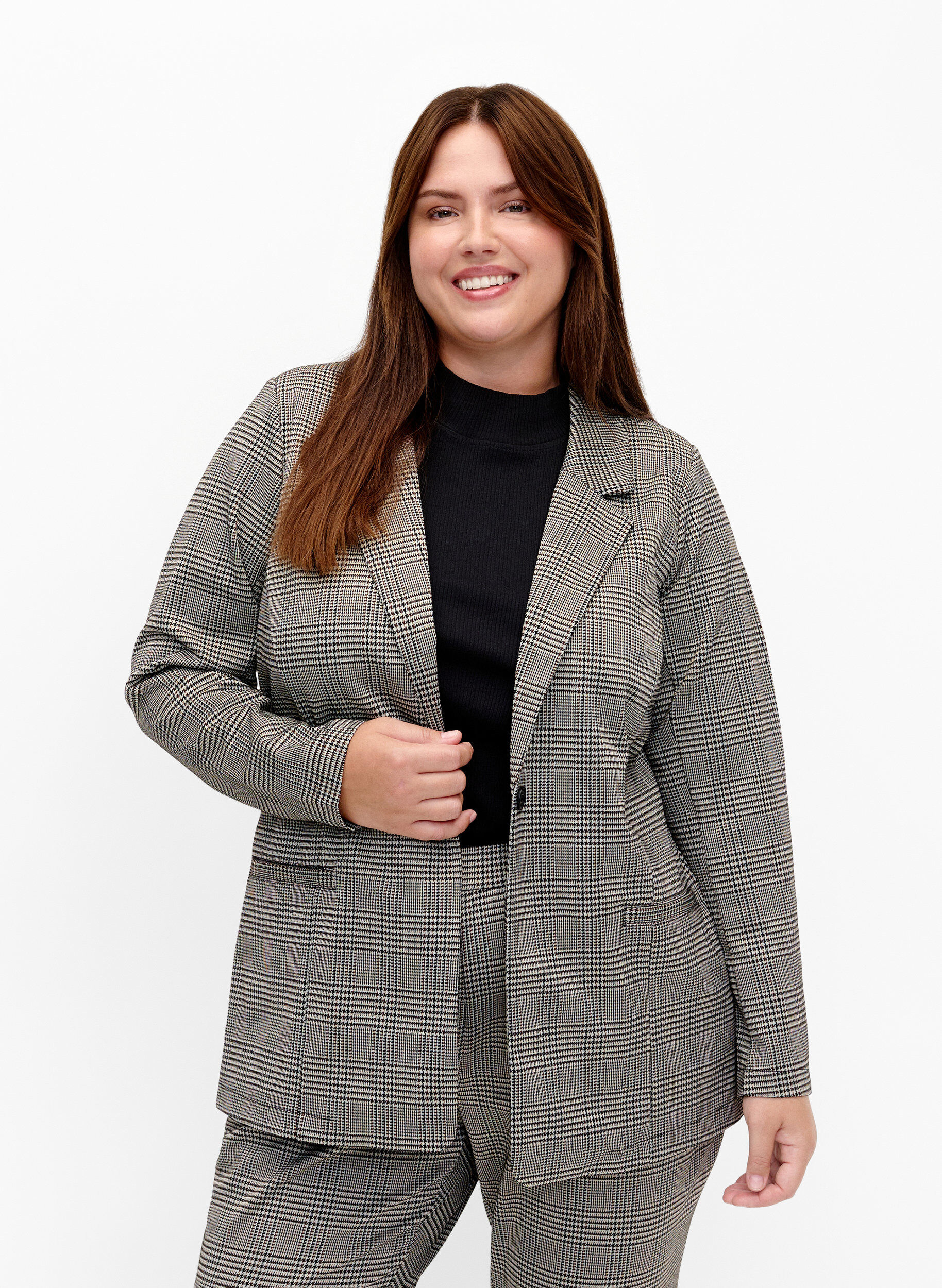 Zizzi Blazer &agrave; carreaux avec fermeture &agrave; boutons, Beige Brown Check, Model image number 0