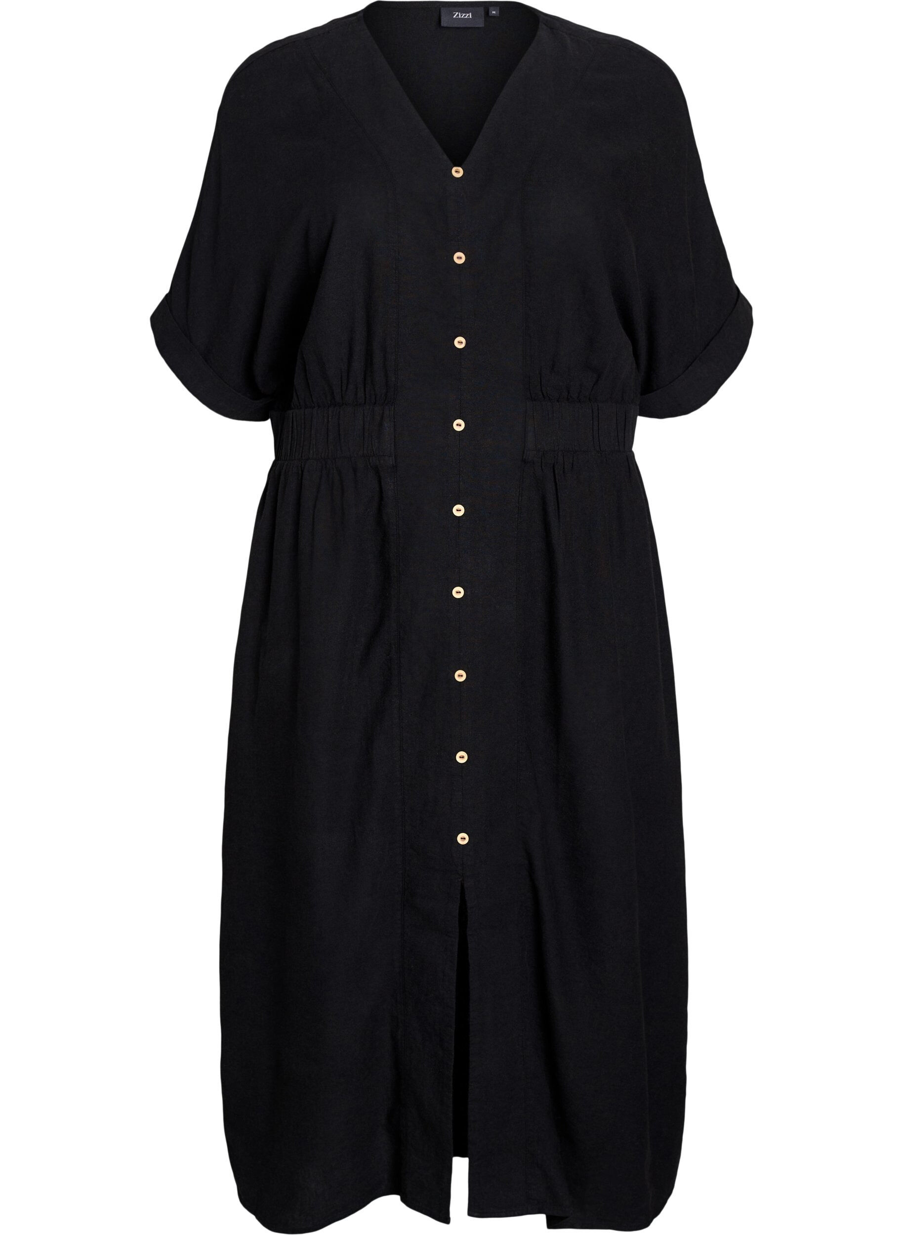 Zizzi Robe midi en lin et viscose fendue sur le devant, Noir, Packshot image number 0