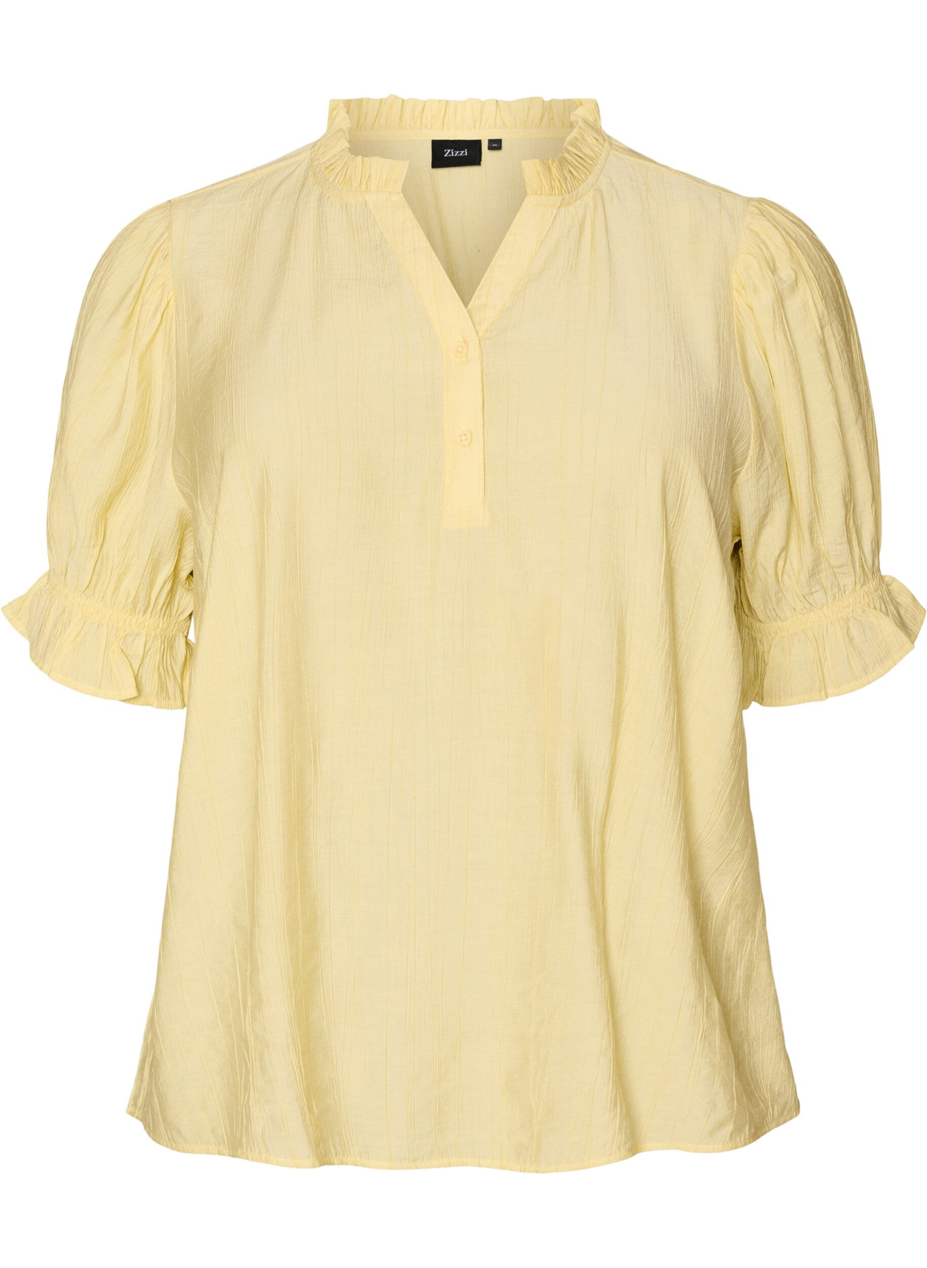 ZizziBlouse en m&eacute;lange de viscose textur&eacute;, avec manches courtes &agrave; volants, Jaune, Packshot image number 0