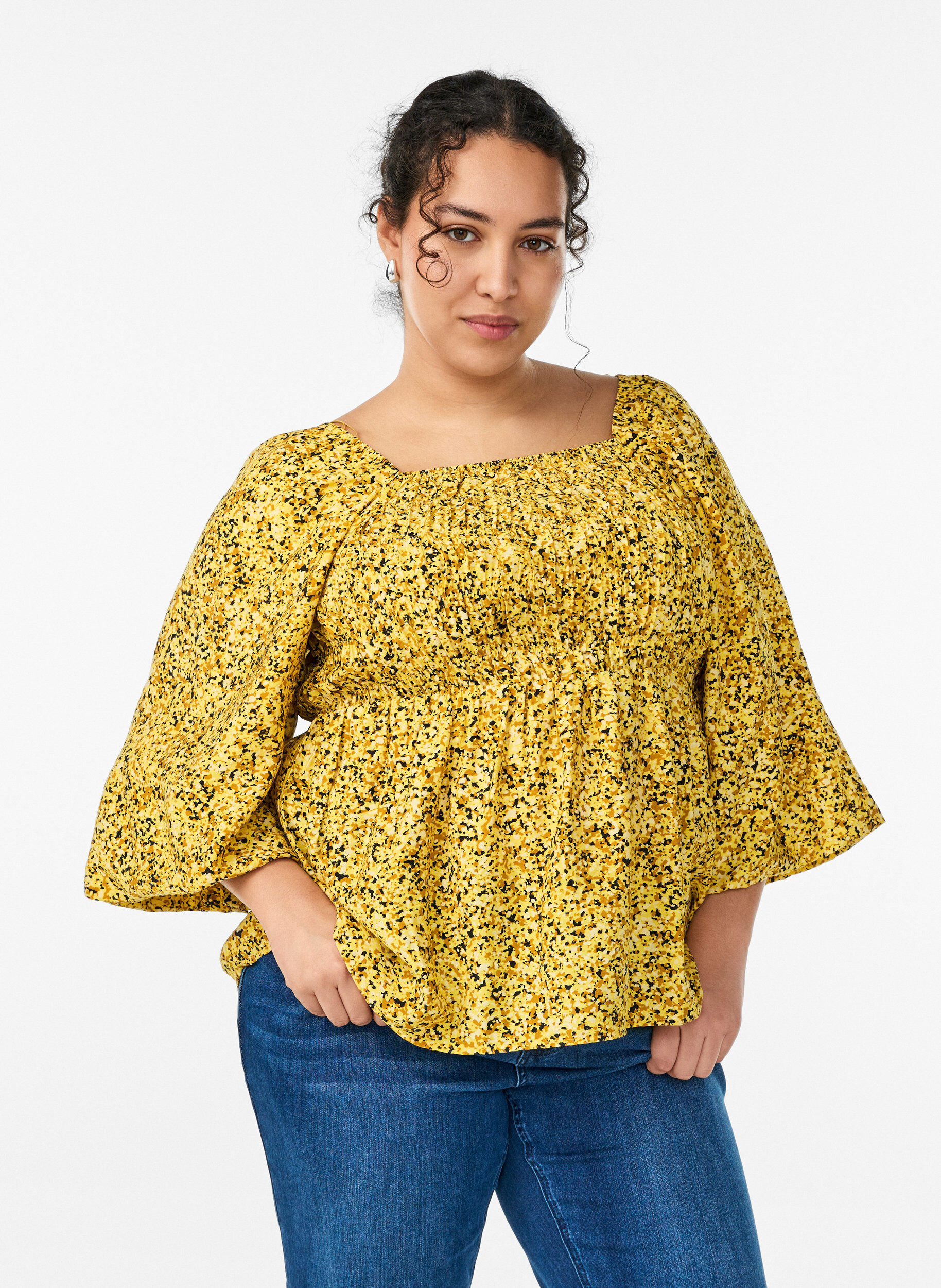 Blouse smock&eacute;e &agrave; encolure carr&eacute;e, Jaune, Model
