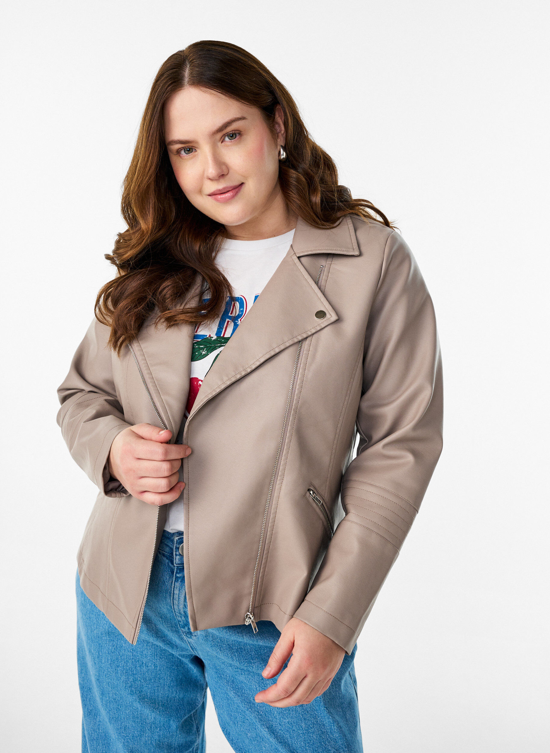 Veste biker en similicuir, Beige, Model