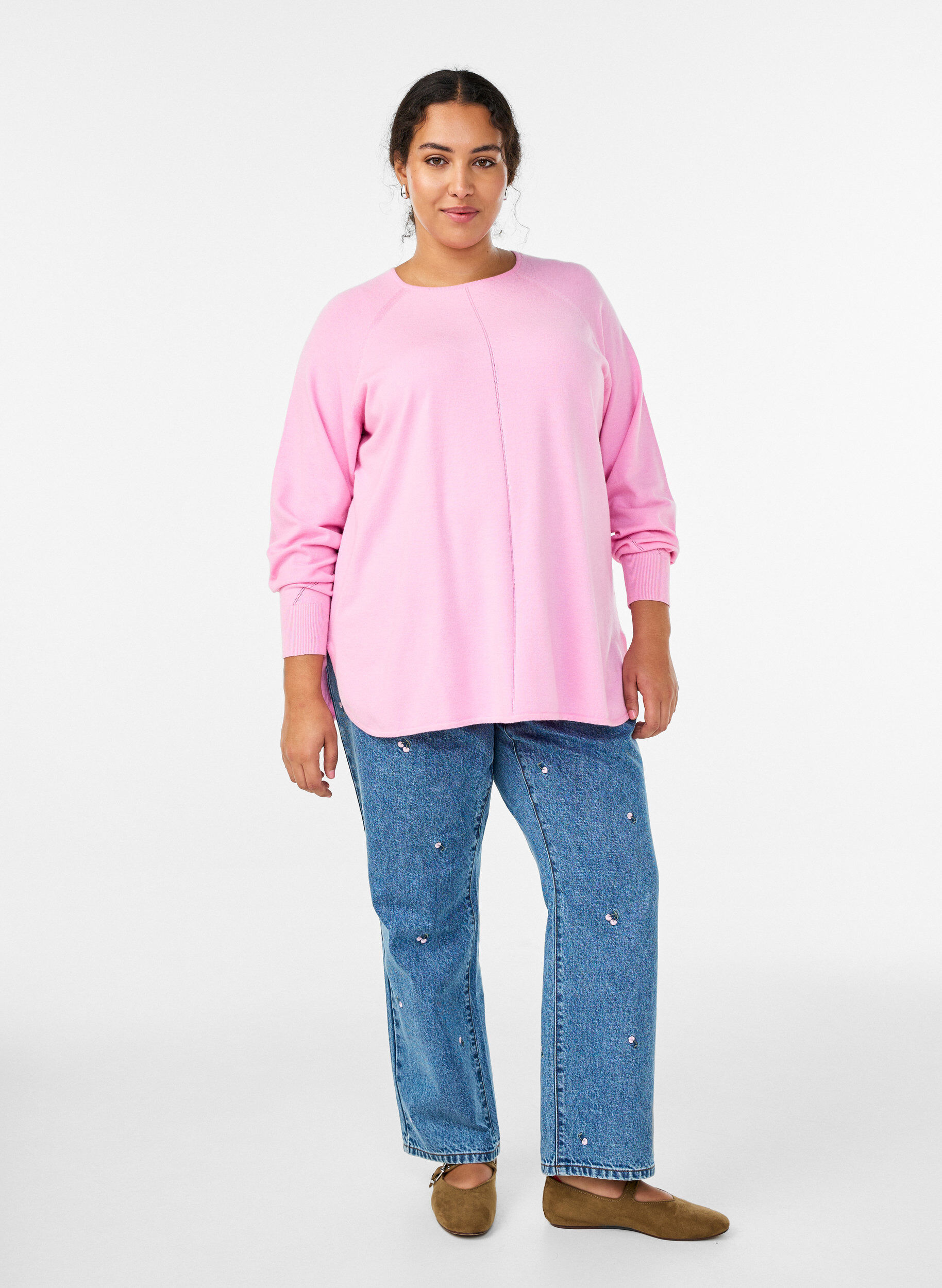 ZizziBlouse en maille &agrave; col rond et motif tricot&eacute;, Rose, Model image number 1