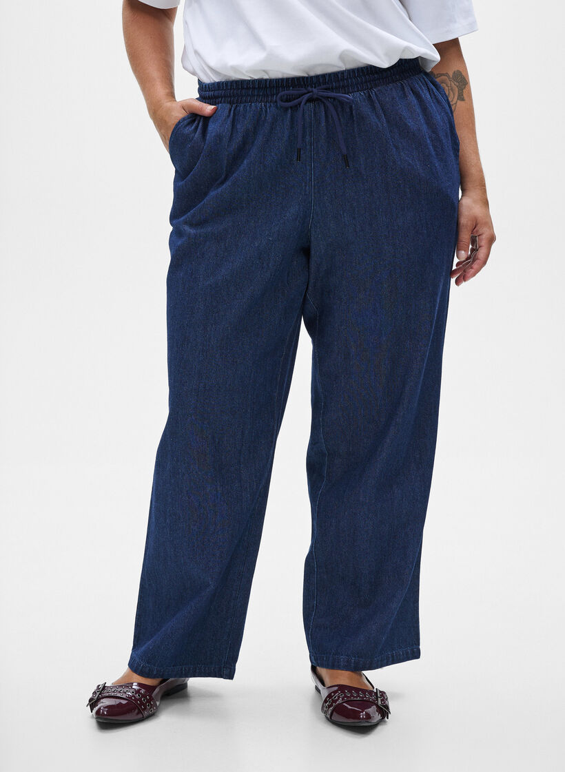 Jeans coupe droite &agrave; taille &eacute;lastique, Bleu, Model image number 2