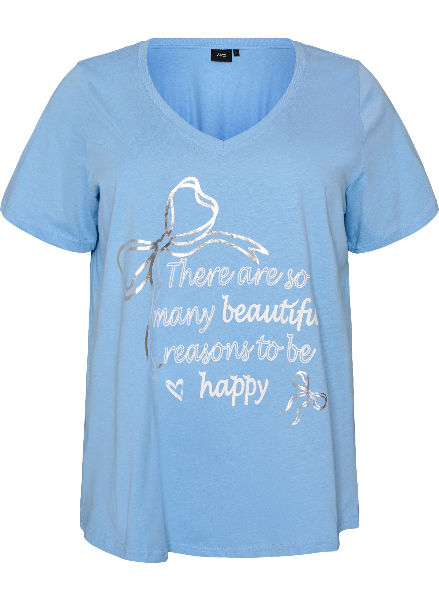 ZizziT-shirt en coton avec col V et imprim&eacute; devant, Bleu Clair, Packshot image number 0