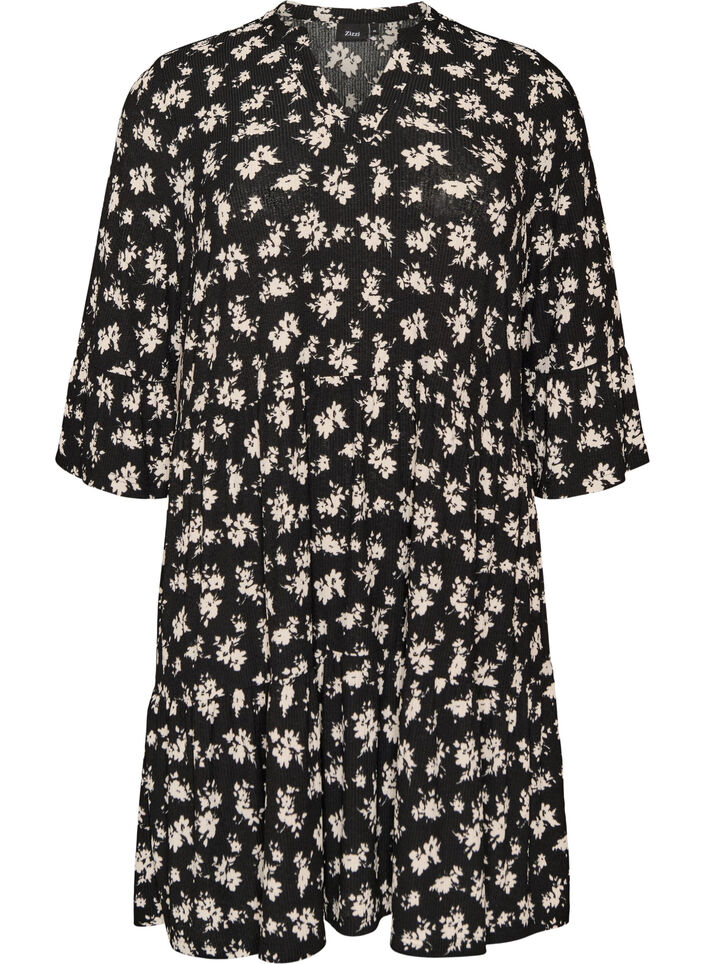 Robe courte en jersey coupe A &agrave; imprim&eacute; int&eacute;gral, Noir, Packshot image number 0