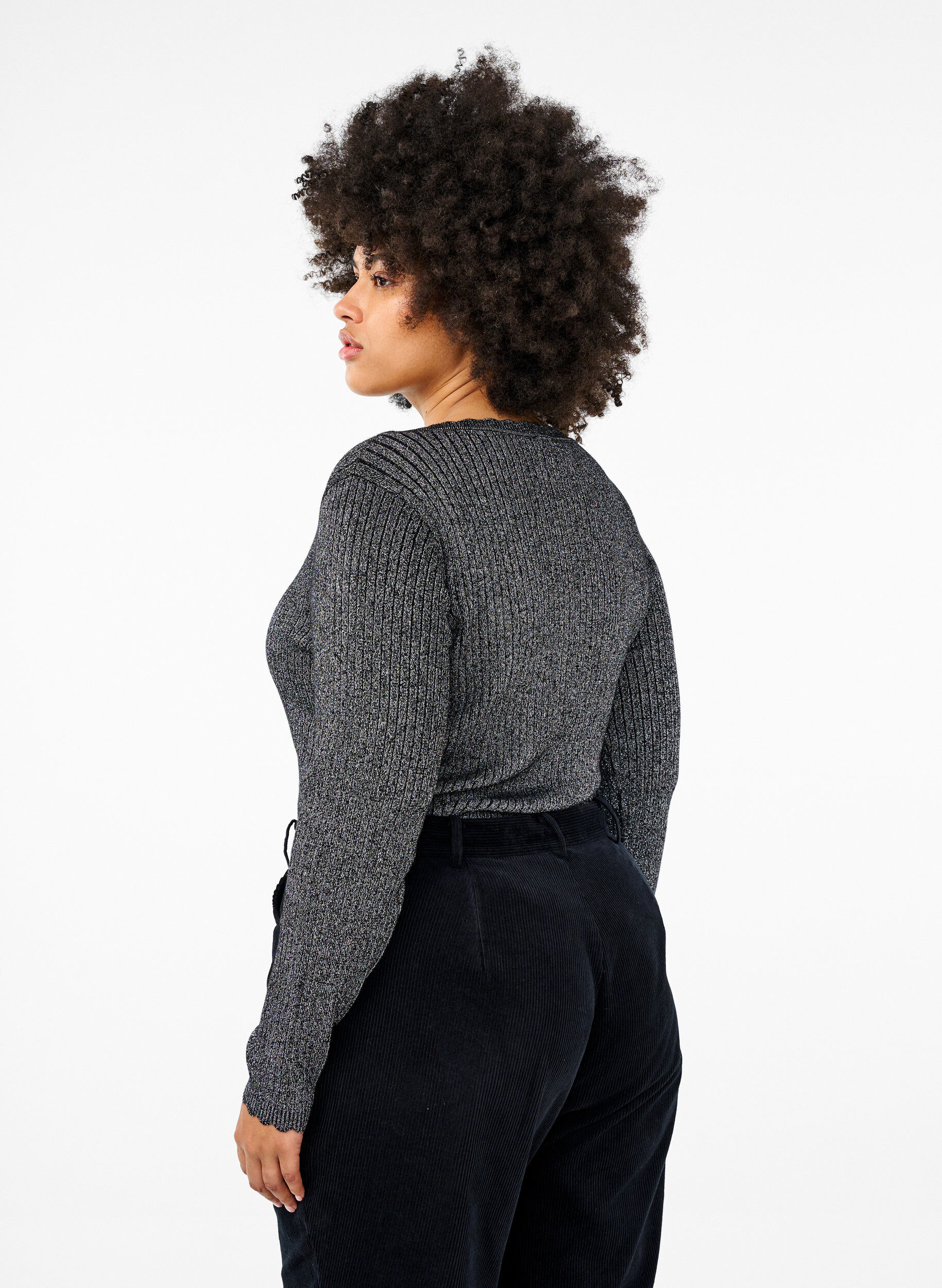 Zizzi Chemisier en maille ajust&eacute; avec fil &agrave; paillettes, Noir, Model image number 2