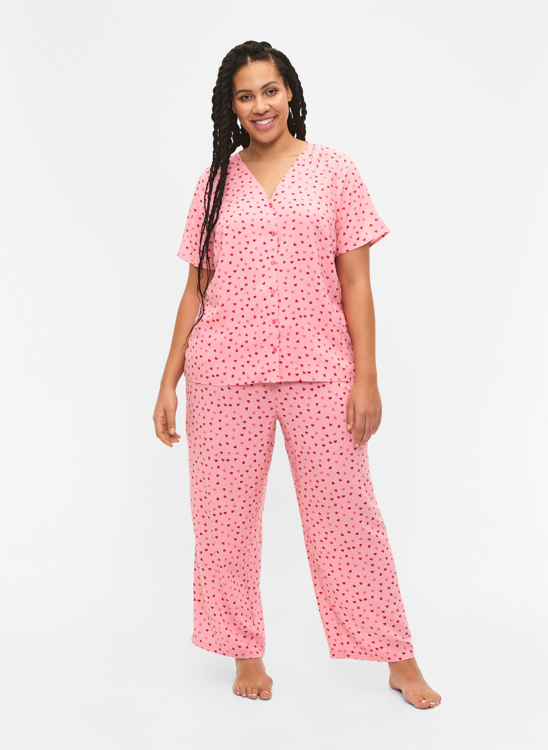 Zizzi Pantalon ample en viscose imprim&eacute; , Pink Icing W. hearts, Model image number 0