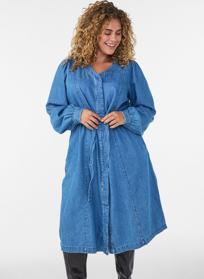 Robe en jean avec col en V et ceinture &agrave; nouer, Bleu Clair, Model image number 0