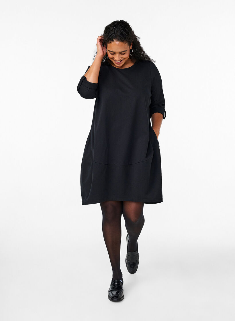 Robe en coton avec coupe ballon, Noir, Model image number 1