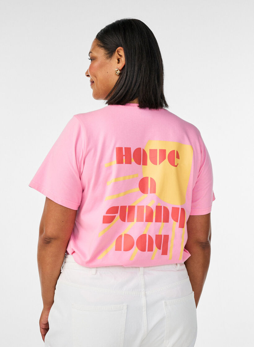T-shirt en coton biologique avec motif de texte, Rose, Model image number 2