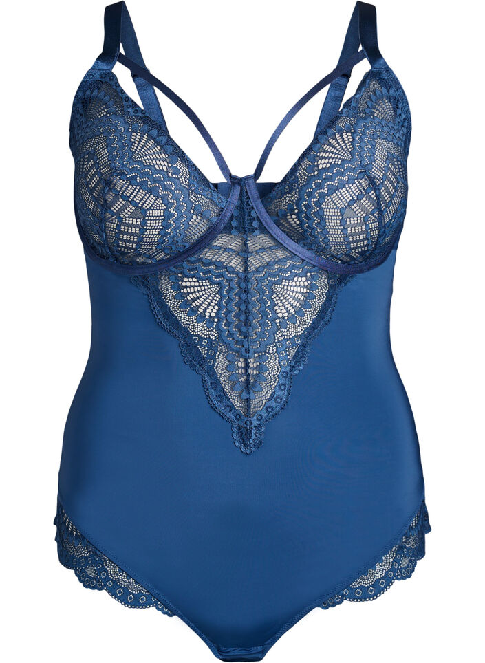 Body en dentelle &agrave; armatures avec d&eacute;tails de lani&egrave;res, Bleu, Packshot image number 0