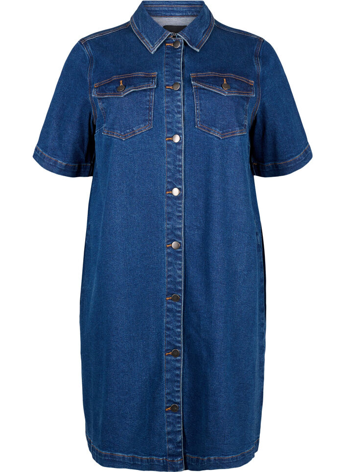 Robe en denim avec boutons et manches courtes, Bleu, Packshot image number 0