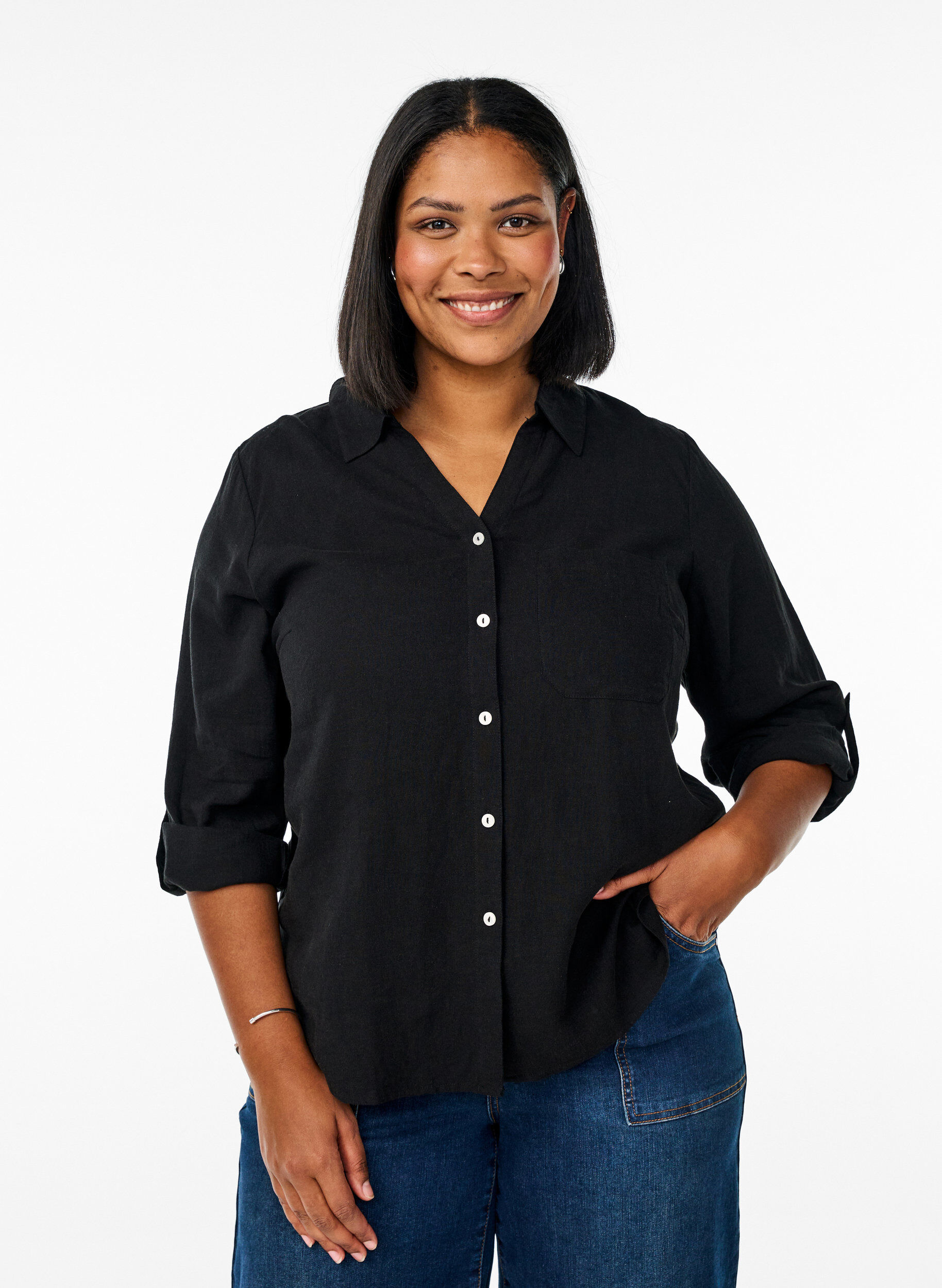 Chemise en lin et viscose avec manches 3/4, Noir, Model