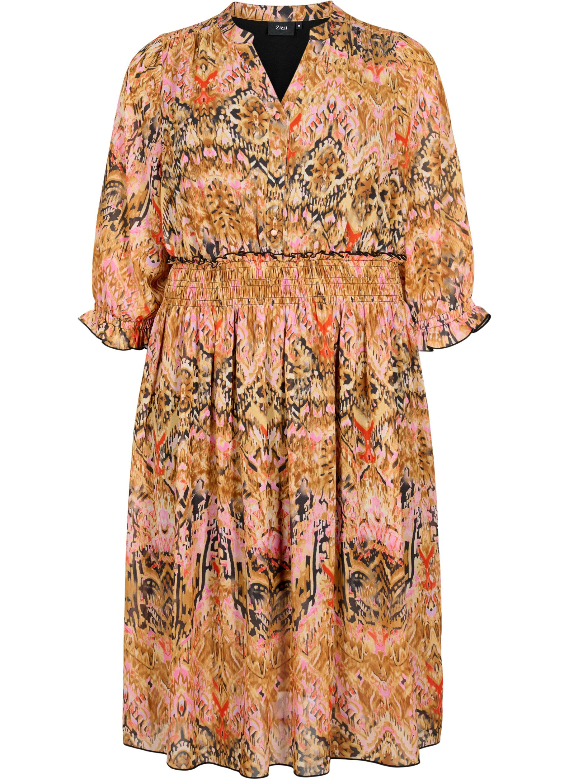 Zizzi Robe midi imprim&eacute;e avec smock et manches 3/4, Colorful Ethnic, Packshot image number 0