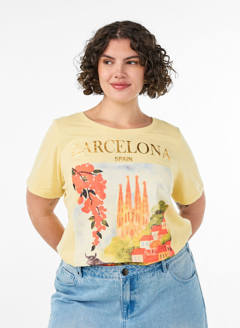 T-shirt en coton avec imprim&eacute;, Jaune clair, Model image number 0