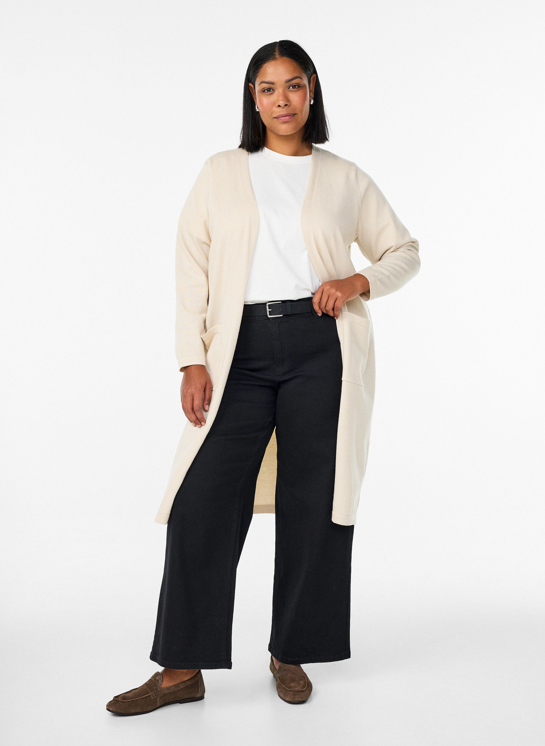 FLASH - Cardigan long ouvert avec poches, Beige, Model