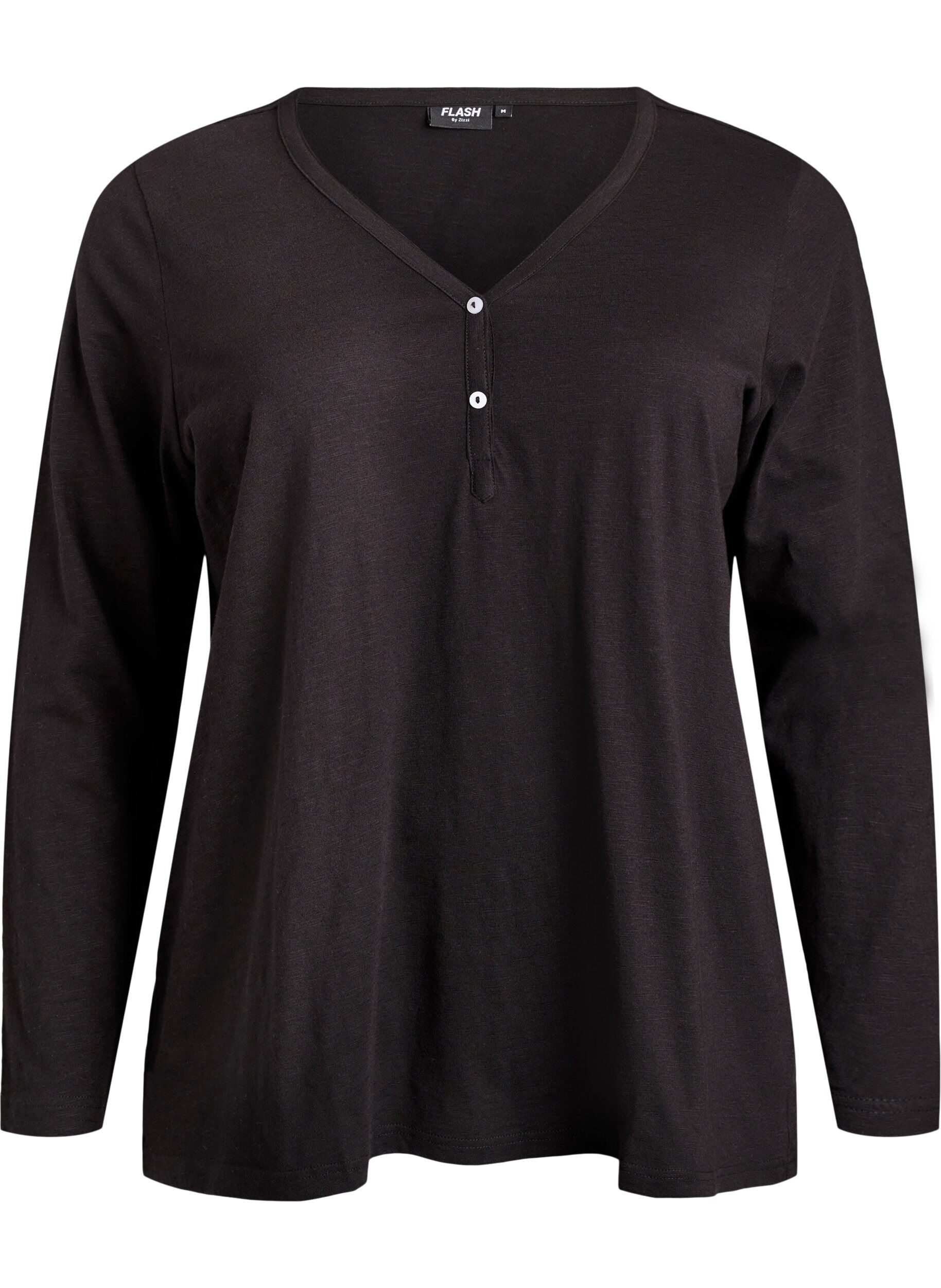 ZizziT-shirt &agrave; manches longues avec col V et boutons, Noir, Packshot image number 0